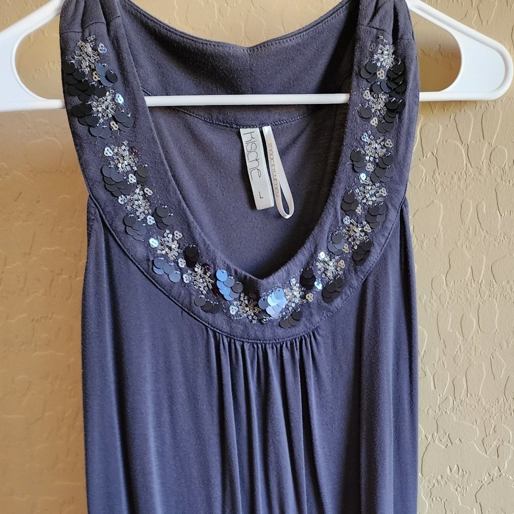 Kische Gray Sequin Beaded Dressy Soft Lightweight LARGE Tank Top Shirt - Picture 2 of 10
